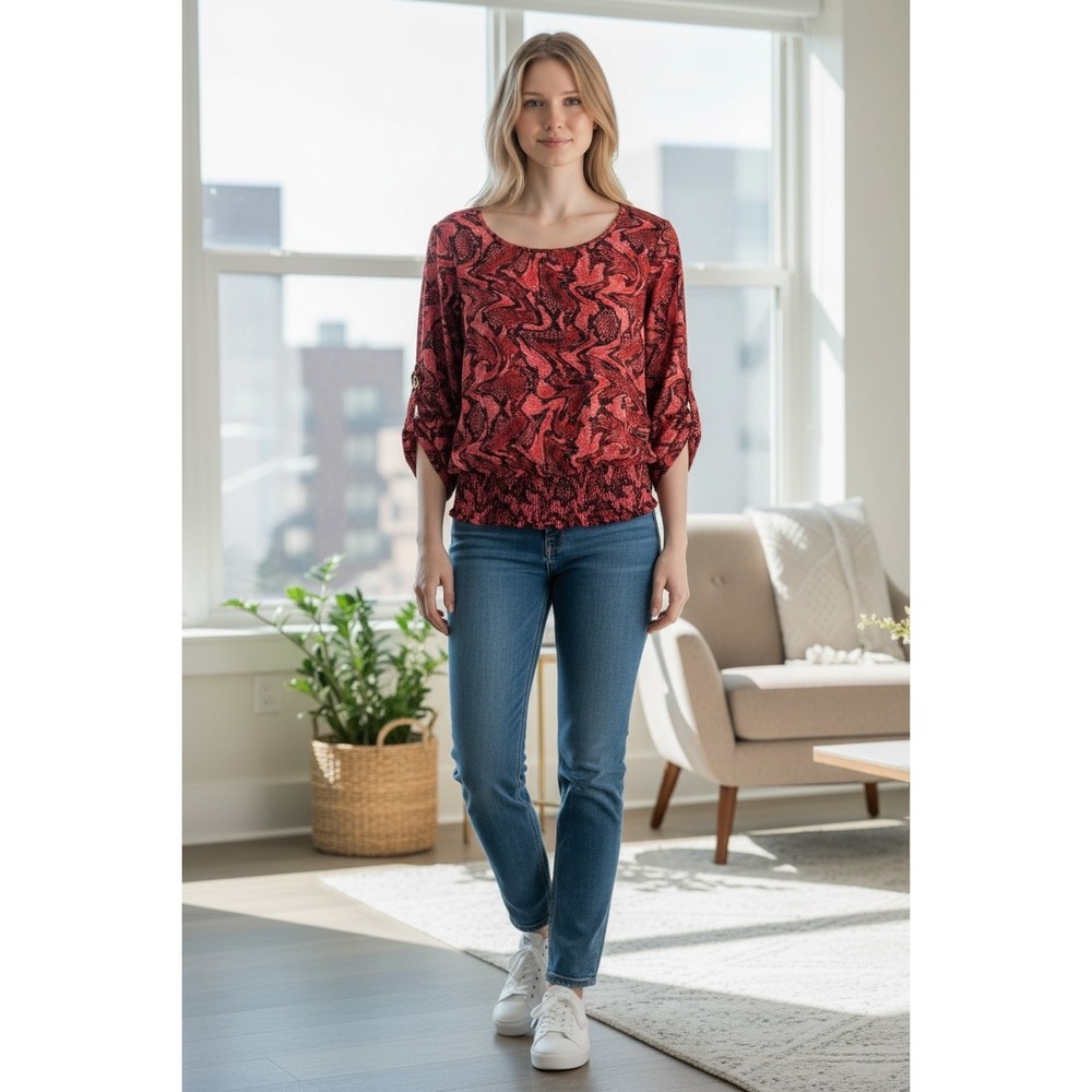 Michael Kors Womens Red Black Snake Print Long Sleeve Smocked Waist Blouse Top S